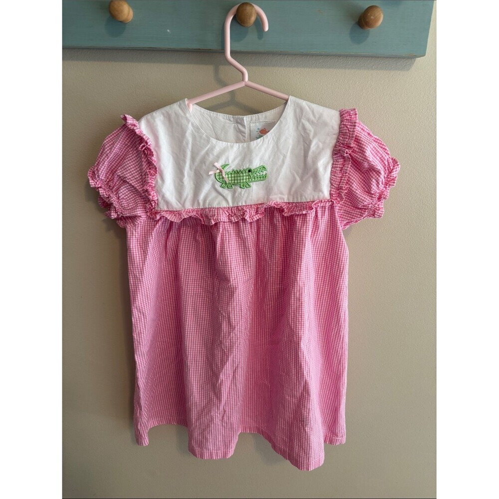 Stitchy Fish Girls Pink Gingham Alligator Applique Ruffle Dress Size 5 Cotton